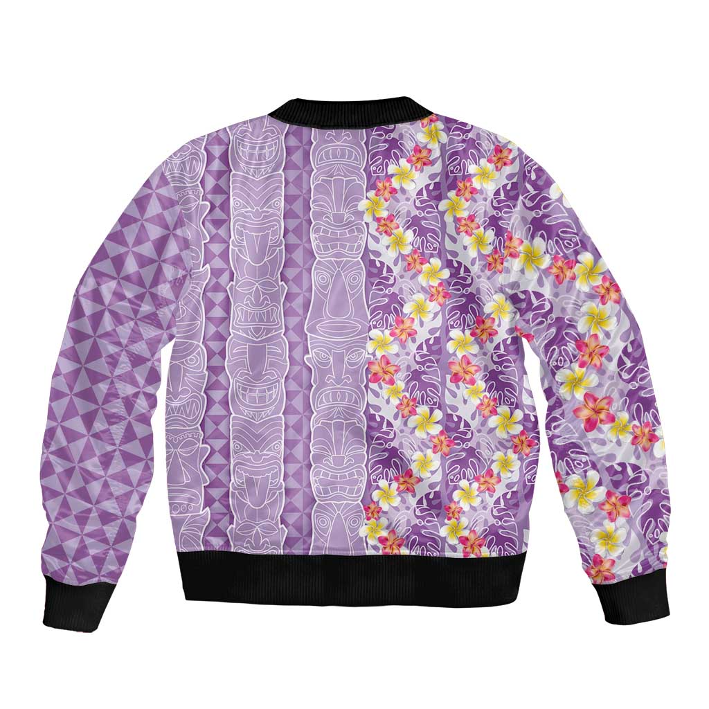 Lush Lilac Aloha Hawaii Tiki Sleeve Zip Bomber Jacket Tropical Plumeria - Seamless Style