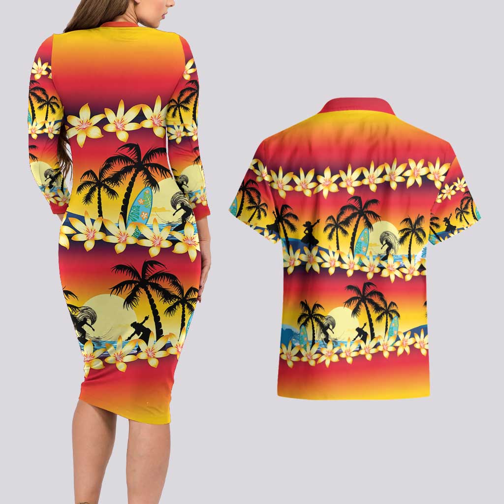 Tropical Islands Sunset Hawaii Couples Matching Long Sleeve Bodycon Dress and Hawaiian Shirt Go Surfing With Hula Girl - Summer Vibes LT14 - Polynesian Pride
