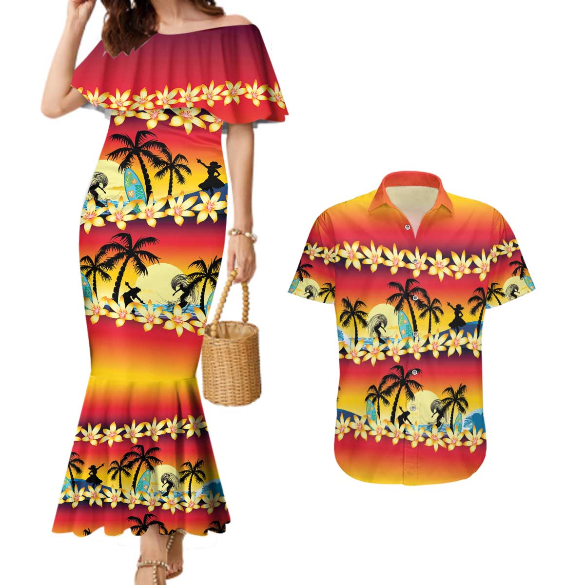 Tropical Islands Sunset Hawaii Couples Matching Mermaid Dress and Hawaiian Shirt Go Surfing With Hula Girl - Summer Vibes LT14 Red - Polynesian Pride