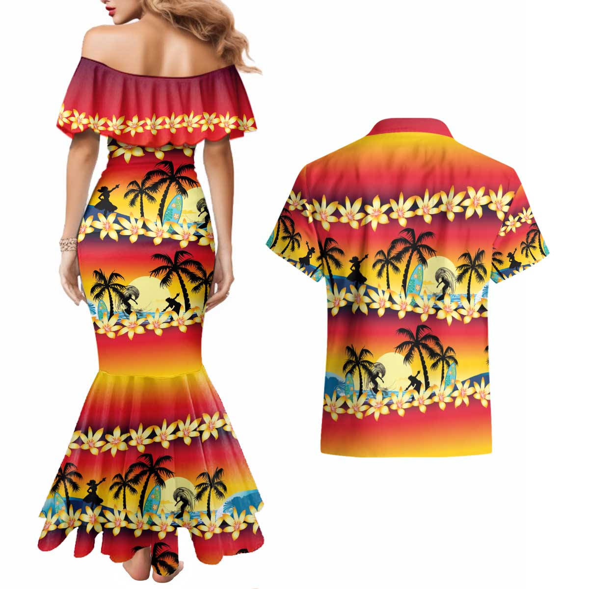 Tropical Islands Sunset Hawaii Couples Matching Mermaid Dress and Hawaiian Shirt Go Surfing With Hula Girl - Summer Vibes LT14 - Polynesian Pride