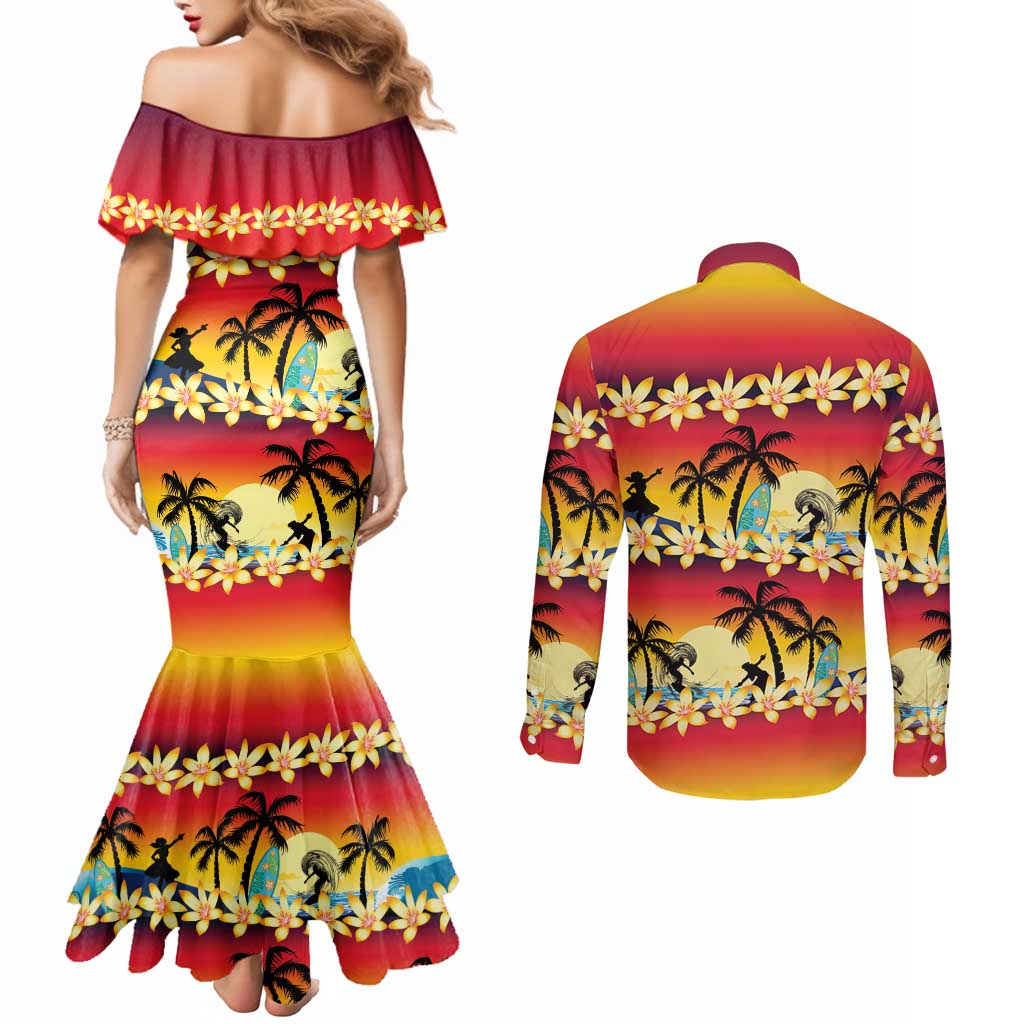 Tropical Islands Sunset Hawaii Couples Matching Mermaid Dress and Long Sleeve Button Shirt Go Surfing With Hula Girl - Summer Vibes LT14 - Polynesian Pride