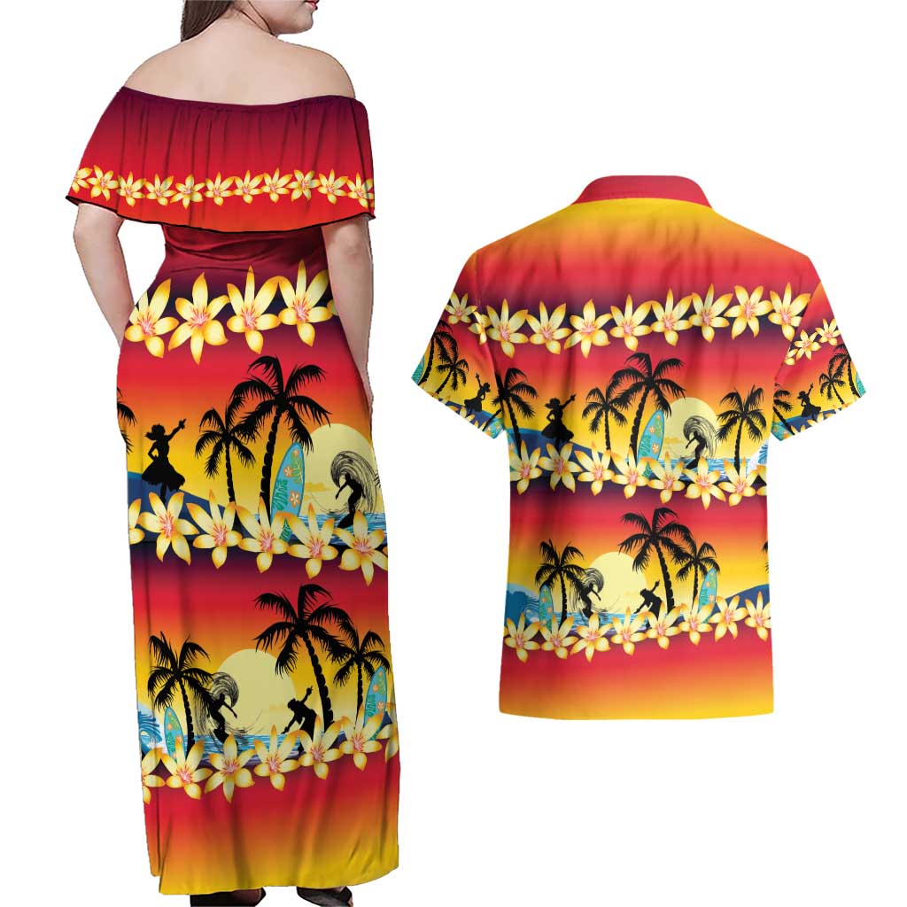 Tropical Islands Sunset Hawaii Couples Matching Off Shoulder Maxi Dress and Hawaiian Shirt Go Surfing With Hula Girl - Summer Vibes LT14 - Polynesian Pride