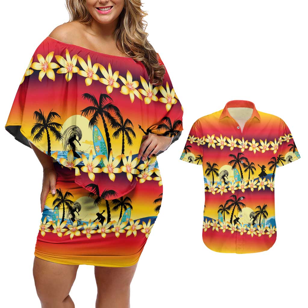 Tropical Islands Sunset Hawaii Couples Matching Off Shoulder Short Dress and Hawaiian Shirt Go Surfing With Hula Girl - Summer Vibes LT14 Red - Polynesian Pride