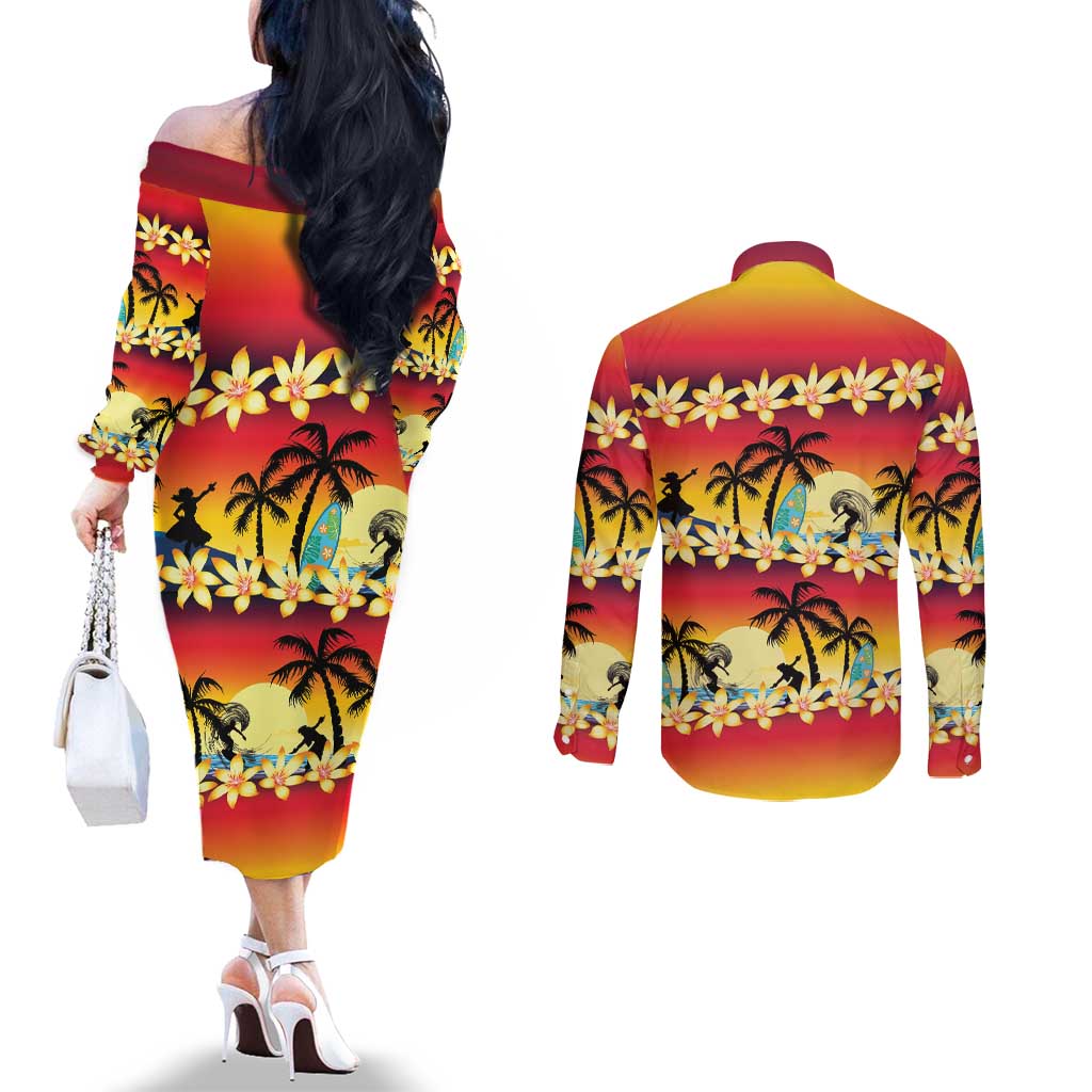 Tropical Islands Sunset Hawaii Couples Matching Off The Shoulder Long Sleeve Dress and Long Sleeve Button Shirt Go Surfing With Hula Girl - Summer Vibes LT14 - Polynesian Pride
