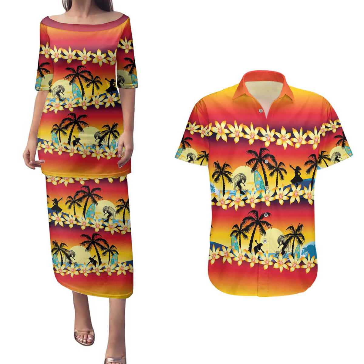 Tropical Islands Sunset Hawaii Couples Matching Puletasi and Hawaiian Shirt Go Surfing With Hula Girl - Summer Vibes