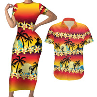 Tropical Islands Sunset Hawaii Couples Matching Short Sleeve Bodycon Dress and Hawaiian Shirt Go Surfing With Hula Girl - Summer Vibes LT14 Red - Polynesian Pride