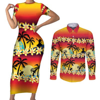 Tropical Islands Sunset Hawaii Couples Matching Short Sleeve Bodycon Dress and Long Sleeve Button Shirt Go Surfing With Hula Girl - Summer Vibes LT14 Red - Polynesian Pride