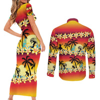 Tropical Islands Sunset Hawaii Couples Matching Short Sleeve Bodycon Dress and Long Sleeve Button Shirt Go Surfing With Hula Girl - Summer Vibes LT14 - Polynesian Pride