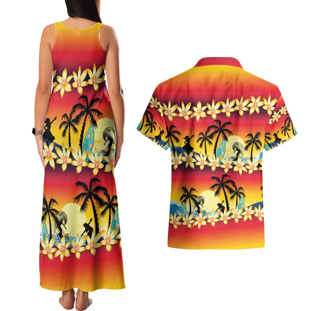 Tropical Islands Sunset Hawaii Couples Matching Tank Maxi Dress and Hawaiian Shirt Go Surfing With Hula Girl - Summer Vibes LT14 - Polynesian Pride