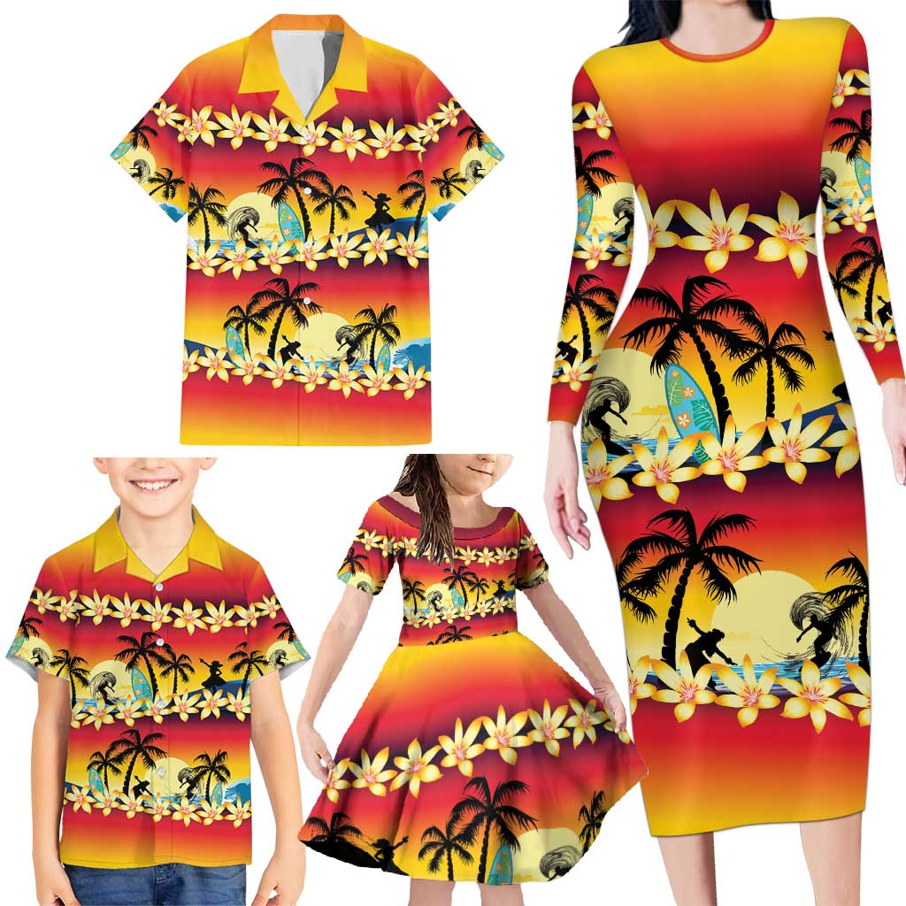 Tropical Islands Sunset Hawaii Family Matching Long Sleeve Bodycon Dress and Hawaiian Shirt Go Surfing With Hula Girl - Summer Vibes LT14 - Polynesian Pride