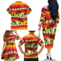 Tropical Islands Sunset Hawaii Family Matching Off The Shoulder Long Sleeve Dress and Hawaiian Shirt Go Surfing With Hula Girl - Summer Vibes LT14 - Polynesian Pride