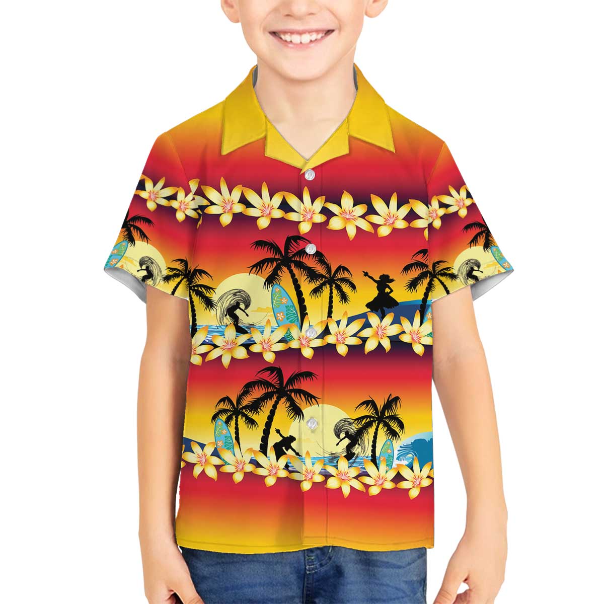 Tropical Islands Sunset Hawaii Family Matching Off The Shoulder Long Sleeve Dress and Hawaiian Shirt Go Surfing With Hula Girl - Summer Vibes LT14 Son's Shirt Red - Polynesian Pride