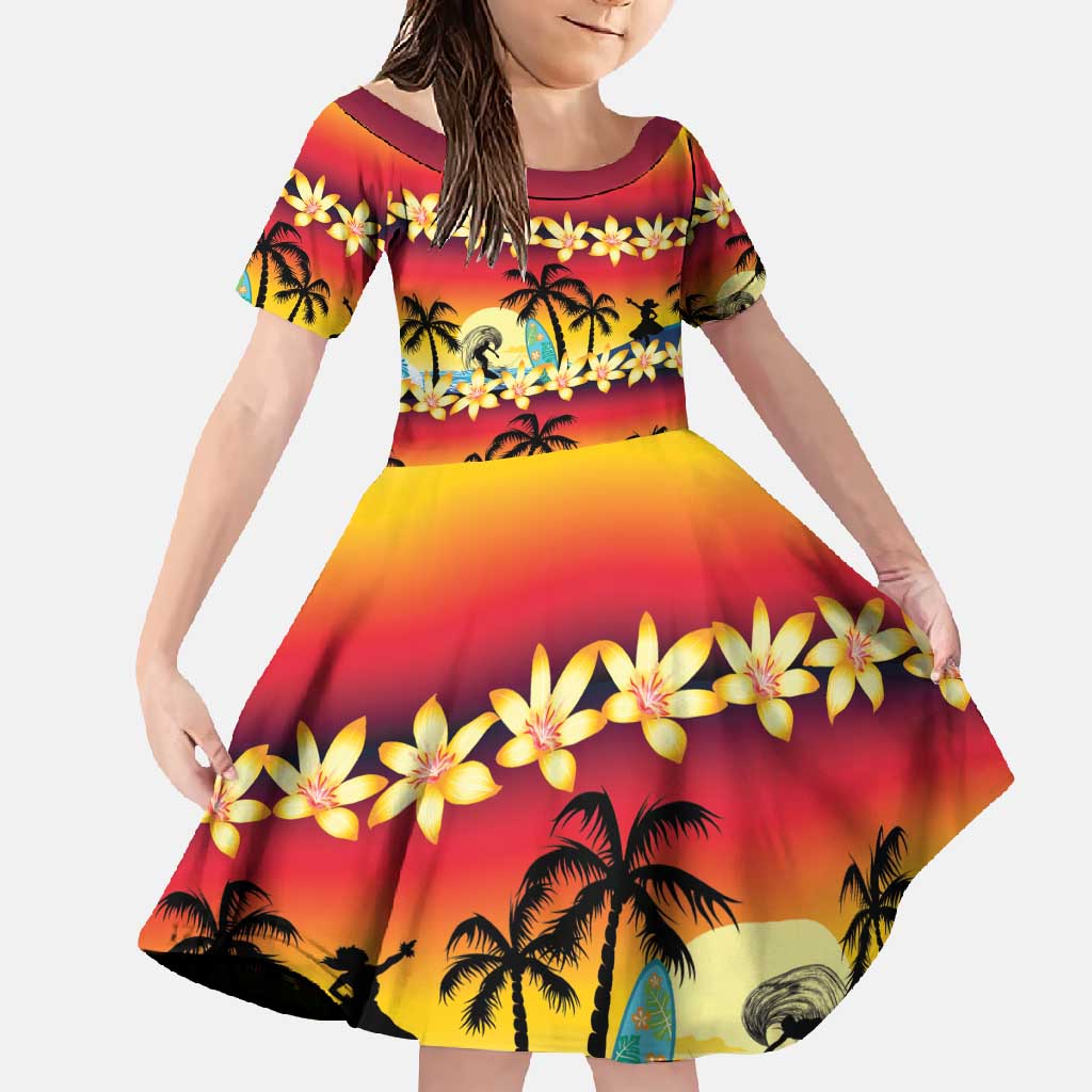 Tropical Islands Sunset Hawaii Family Matching Off Shoulder Maxi Dress and Hawaiian Shirt Go Surfing With Hula Girl - Summer Vibes LT14 Daughter's Dress Red - Polynesian Pride