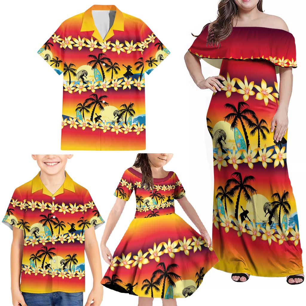 Tropical Islands Sunset Hawaii Family Matching Off Shoulder Maxi Dress and Hawaiian Shirt Go Surfing With Hula Girl - Summer Vibes LT14 - Polynesian Pride
