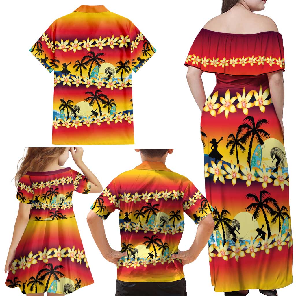 Tropical Islands Sunset Hawaii Family Matching Off Shoulder Maxi Dress and Hawaiian Shirt Go Surfing With Hula Girl - Summer Vibes LT14 - Polynesian Pride