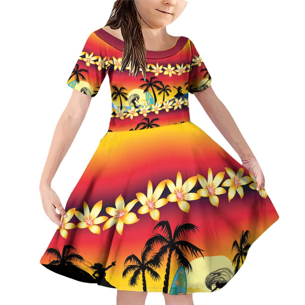 Tropical Islands Sunset Hawaii Family Matching Off Shoulder Short Dress and Hawaiian Shirt Go Surfing With Hula Girl - Summer Vibes LT14 Daughter's Dress Red - Polynesian Pride