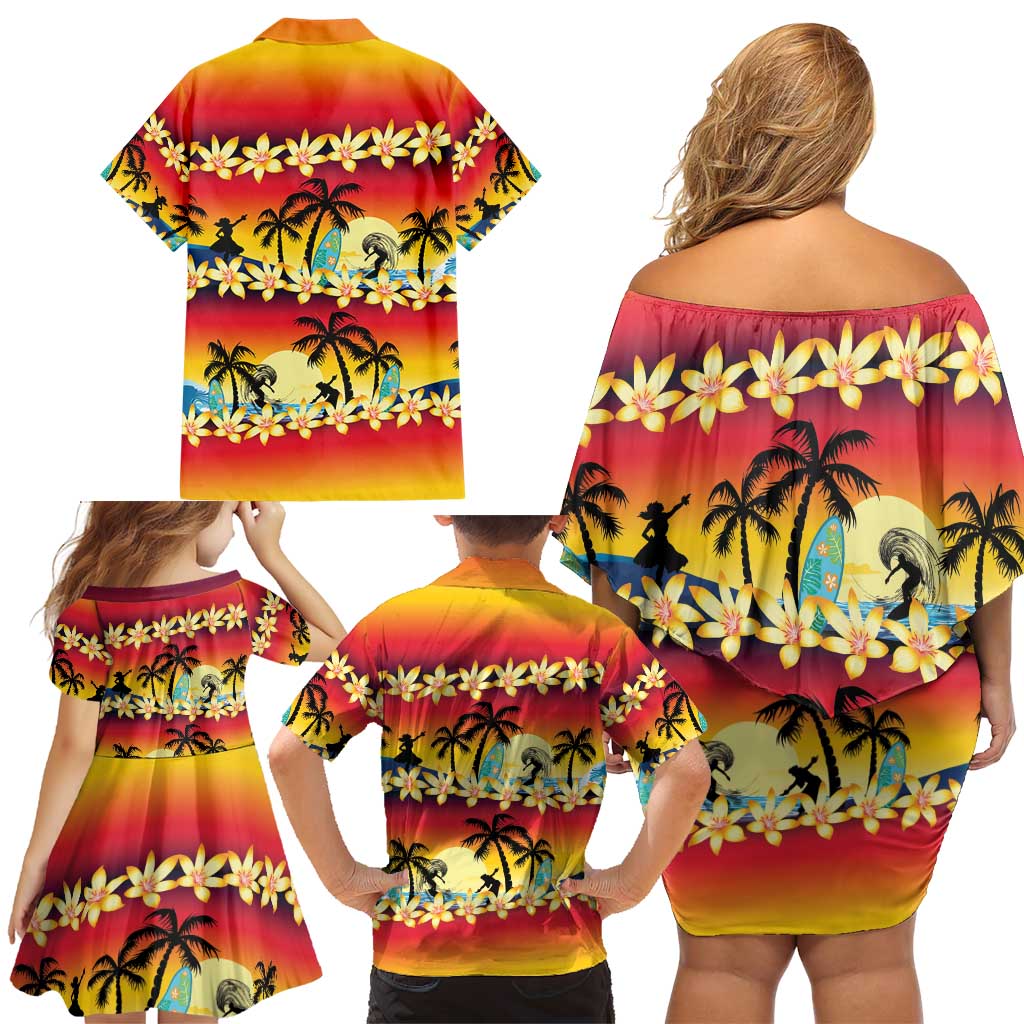 Tropical Islands Sunset Hawaii Family Matching Off Shoulder Short Dress and Hawaiian Shirt Go Surfing With Hula Girl - Summer Vibes LT14 - Polynesian Pride