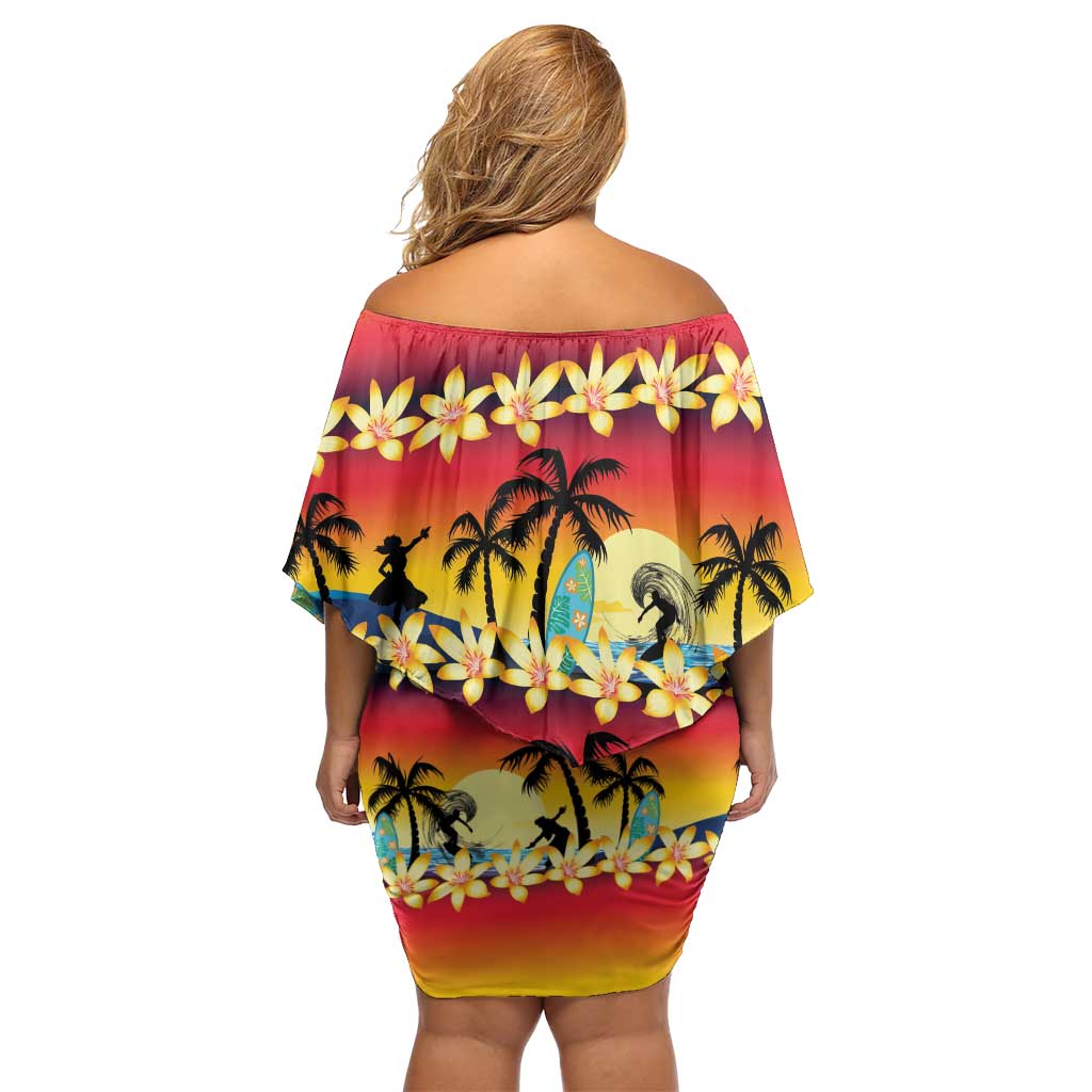 Tropical Islands Sunset Hawaii Family Matching Off Shoulder Short Dress and Hawaiian Shirt Go Surfing With Hula Girl - Summer Vibes LT14 - Polynesian Pride