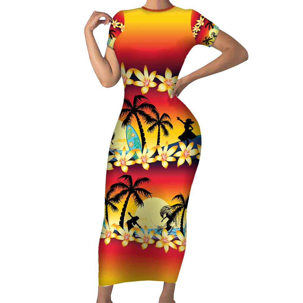 Tropical Islands Sunset Hawaii Family Matching Short Sleeve Bodycon Dress and Hawaiian Shirt Go Surfing With Hula Girl - Summer Vibes LT14 Mom's Dress Red - Polynesian Pride