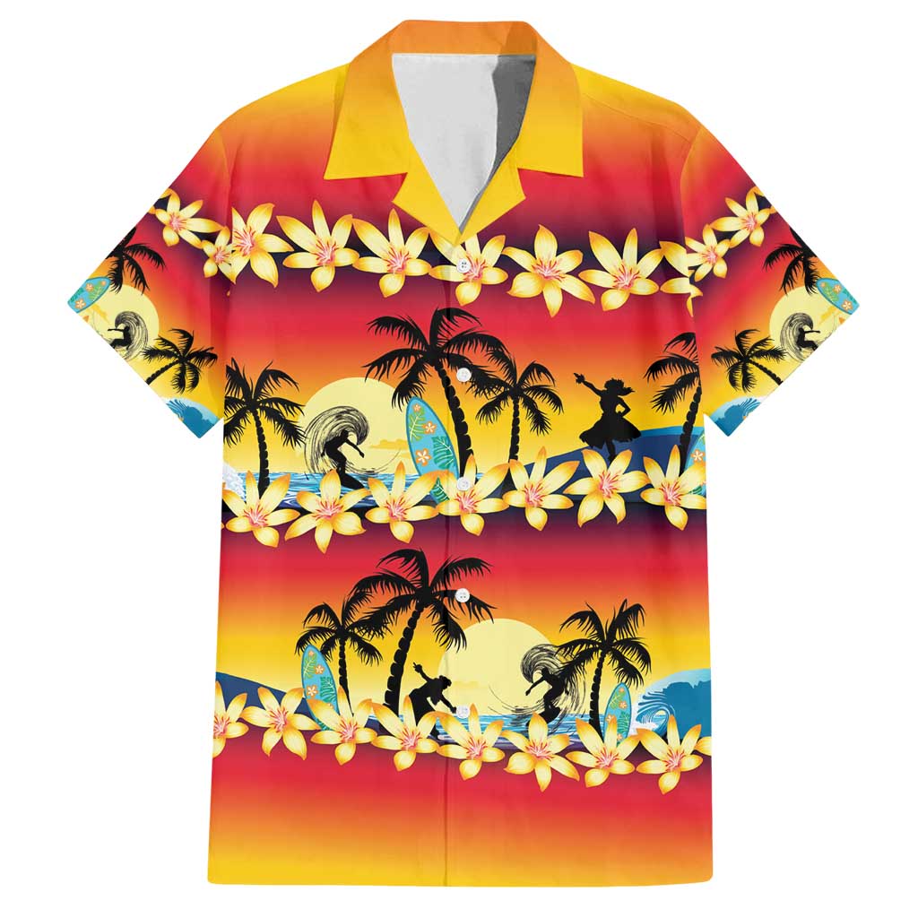 Tropical Islands Sunset Hawaii Family Matching Summer Maxi Dress and Hawaiian Shirt Go Surfing With Hula Girl - Summer Vibes LT14 Dad's Shirt - Short Sleeve Red - Polynesian Pride