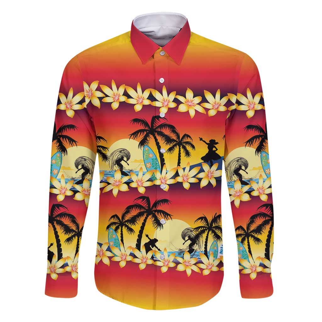 Tropical Islands Sunset Hawaii Family Matching Summer Maxi Dress and Hawaiian Shirt Go Surfing With Hula Girl - Summer Vibes LT14 Dad's Shirt - Long Sleeve Red - Polynesian Pride