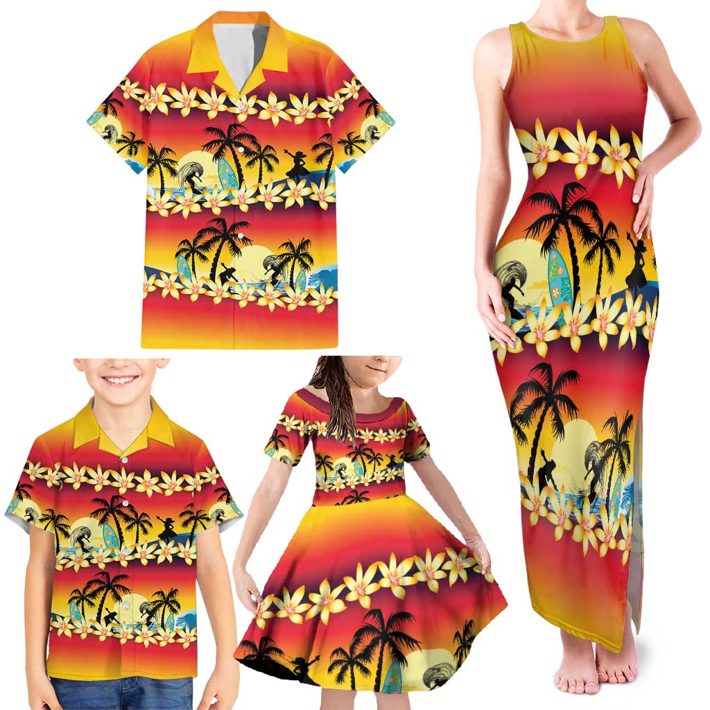 Tropical Islands Sunset Hawaii Family Matching Tank Maxi Dress and Hawaiian Shirt Go Surfing With Hula Girl - Summer Vibes LT14 - Polynesian Pride