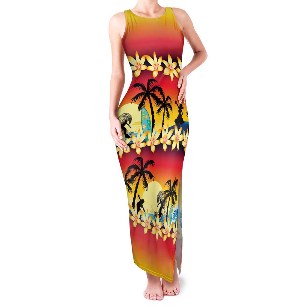 Tropical Islands Sunset Hawaii Family Matching Tank Maxi Dress and Hawaiian Shirt Go Surfing With Hula Girl - Summer Vibes LT14 Mom's Dress Red - Polynesian Pride
