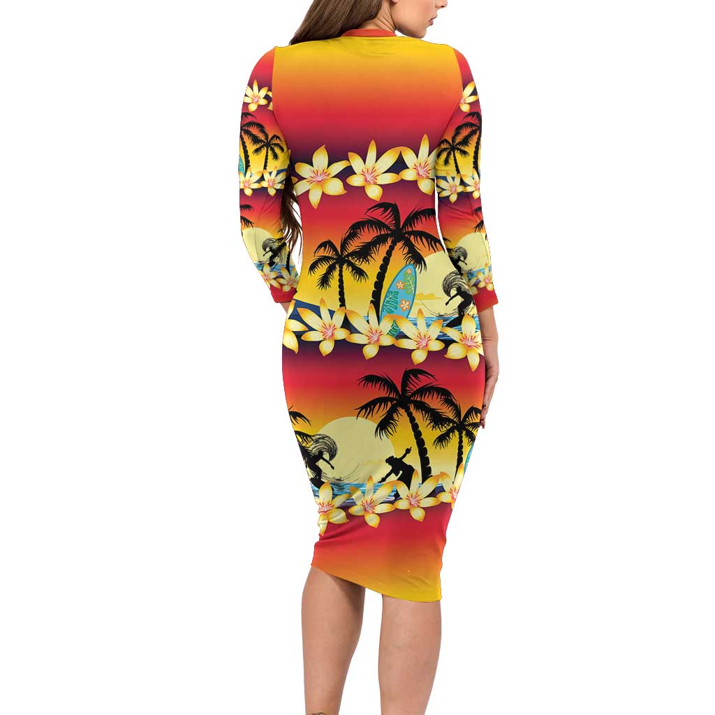 Tropical Islands Sunset Hawaii Long Sleeve Bodycon Dress Go Surfing With Hula Girl - Summer Vibes
