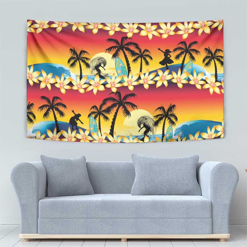 Tropical Islands Sunset Hawaii Tapestry Go Surfing With Hula Girl - Summer Vibes LT14 - Polynesian Pride