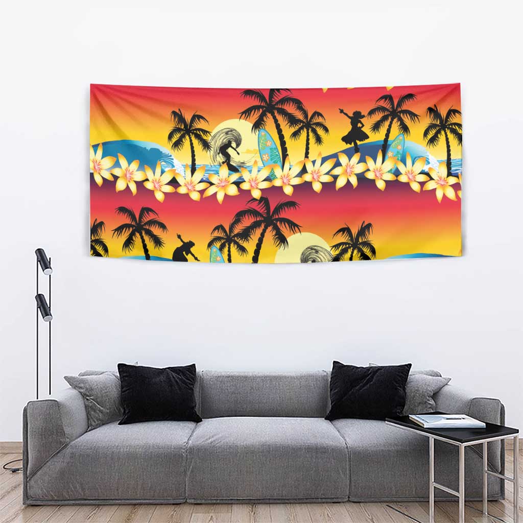 Tropical Islands Sunset Hawaii Tapestry Go Surfing With Hula Girl - Summer Vibes LT14 - Polynesian Pride
