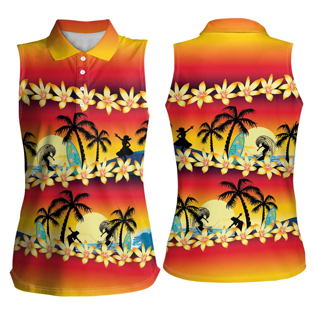 Tropical Islands Sunset Hawaii Women Sleeveless Polo Shirt Go Surfing With Hula Girl - Summer Vibes LT14 - Polynesian Pride