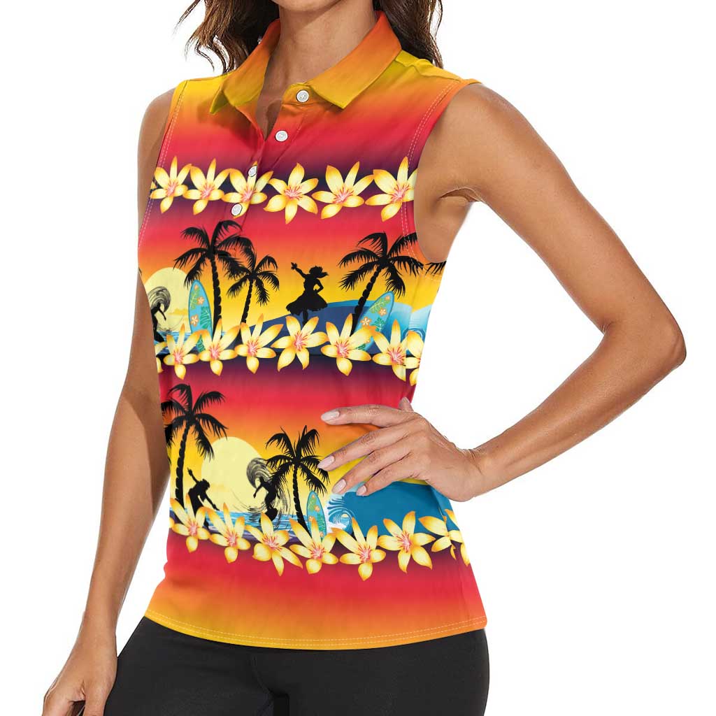 Tropical Islands Sunset Hawaii Women Sleeveless Polo Shirt Go Surfing With Hula Girl - Summer Vibes LT14 - Polynesian Pride