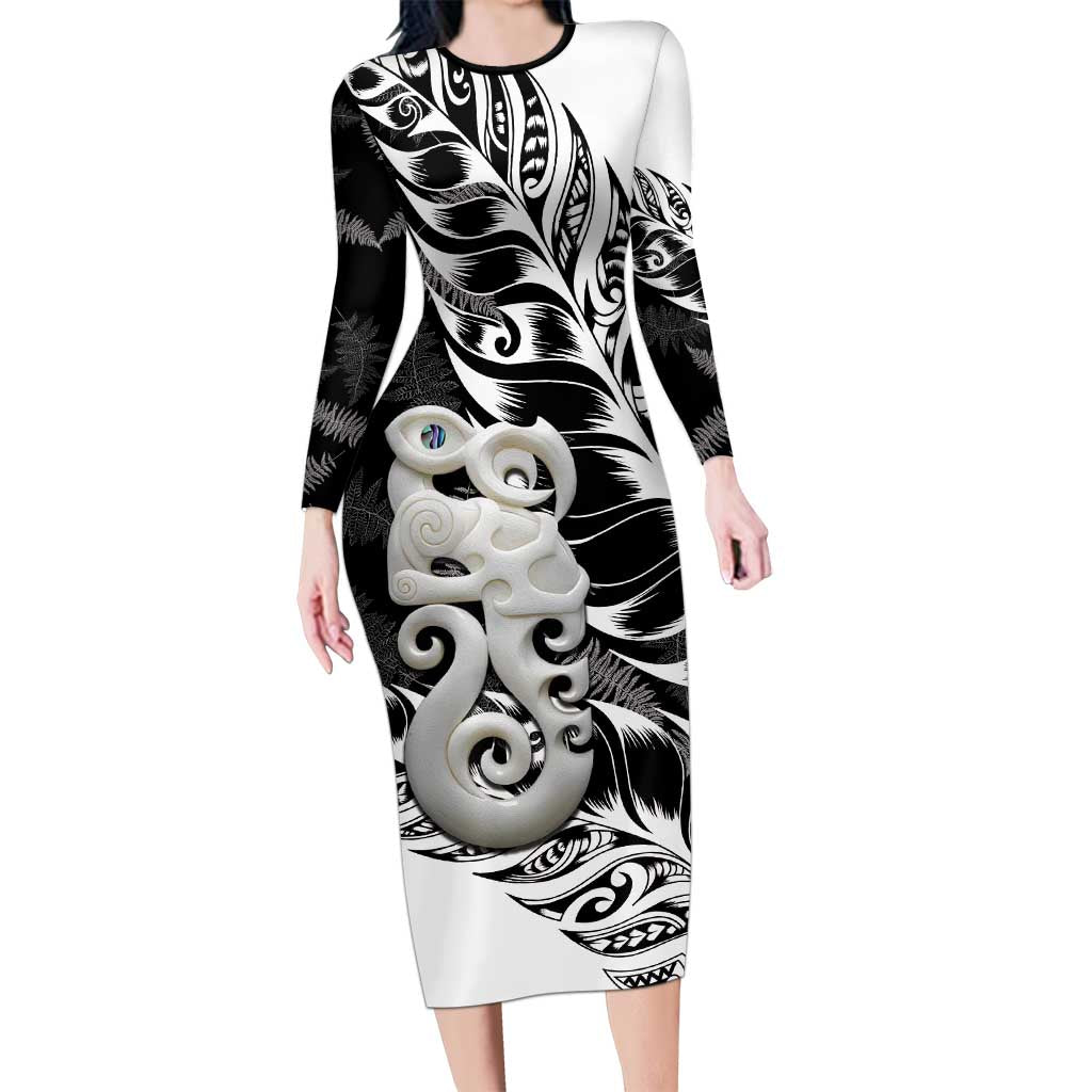 Aotearoa Manaia NZ Maori Silver Fern Family Matching Long Sleeve Bodycon Dress and Hawaiian Shirt LT14 Mom's Dress Black - Polynesian Pride