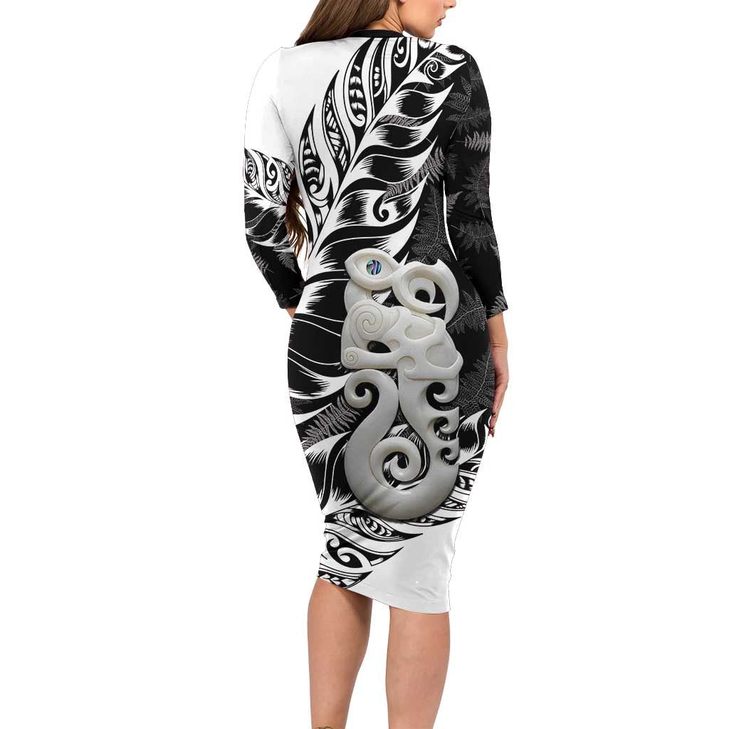 Aotearoa Manaia NZ Maori Silver Fern Family Matching Long Sleeve Bodycon Dress and Hawaiian Shirt LT14 - Polynesian Pride