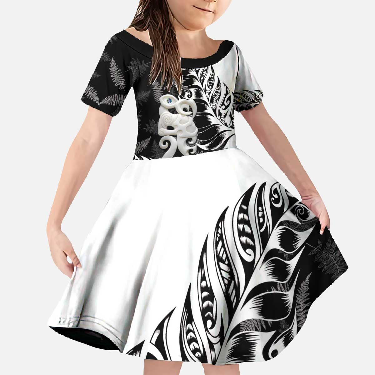 Aotearoa Manaia NZ Maori Silver Fern Family Matching Off The Shoulder Long Sleeve Dress and Hawaiian Shirt LT14 Daughter's Dress Black - Polynesian Pride