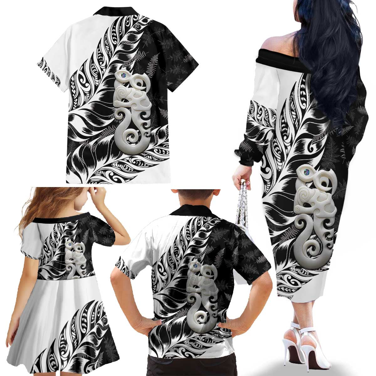 Aotearoa Manaia NZ Maori Silver Fern Family Matching Off The Shoulder Long Sleeve Dress and Hawaiian Shirt LT14 - Polynesian Pride