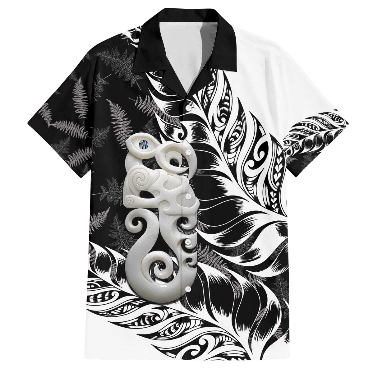 Aotearoa Manaia NZ Maori Silver Fern Family Matching Off The Shoulder Long Sleeve Dress and Hawaiian Shirt LT14 Dad's Shirt - Short Sleeve Black - Polynesian Pride