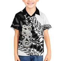 Aotearoa Manaia NZ Maori Silver Fern Family Matching Off The Shoulder Long Sleeve Dress and Hawaiian Shirt LT14 Son's Shirt Black - Polynesian Pride