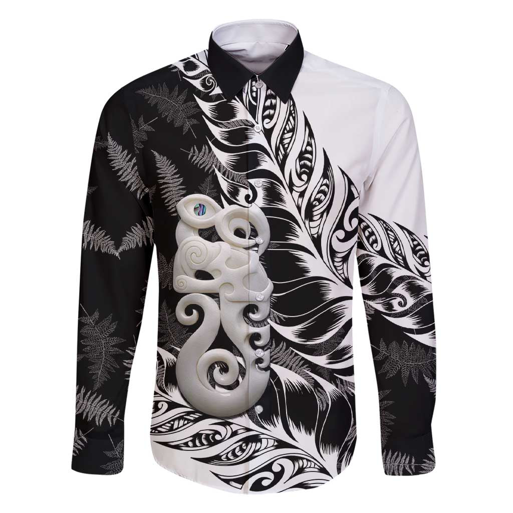 Aotearoa Manaia NZ Maori Silver Fern Family Matching Short Sleeve Bodycon Dress and Hawaiian Shirt LT14 Dad's Shirt - Long Sleeve Black - Polynesian Pride