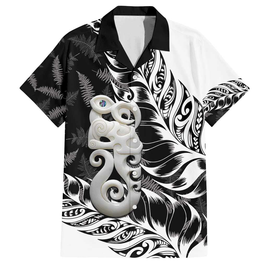 Aotearoa Manaia NZ Maori Silver Fern Family Matching Tank Maxi Dress and Hawaiian Shirt LT14 Dad's Shirt - Short Sleeve Black - Polynesian Pride