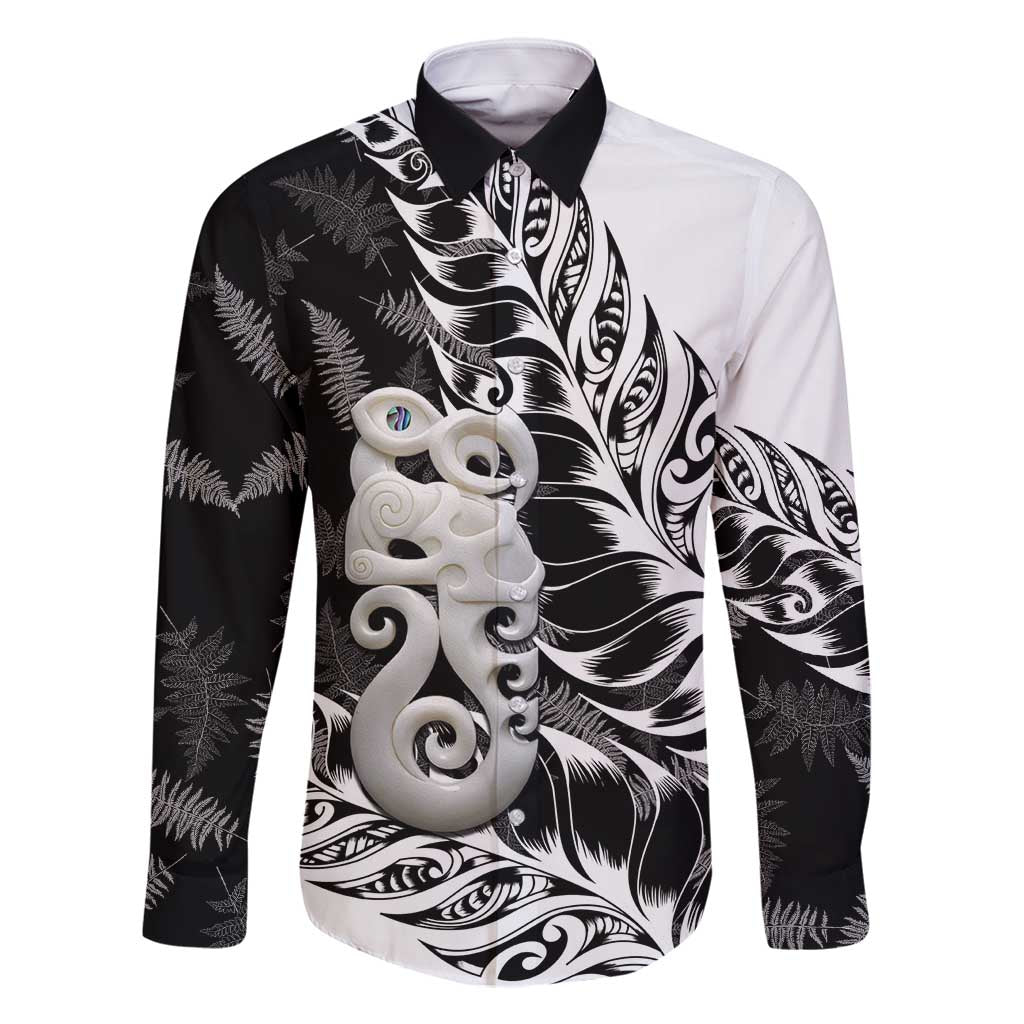 Aotearoa Manaia NZ Maori Silver Fern Family Matching Tank Maxi Dress and Hawaiian Shirt LT14 Dad's Shirt - Long Sleeve Black - Polynesian Pride