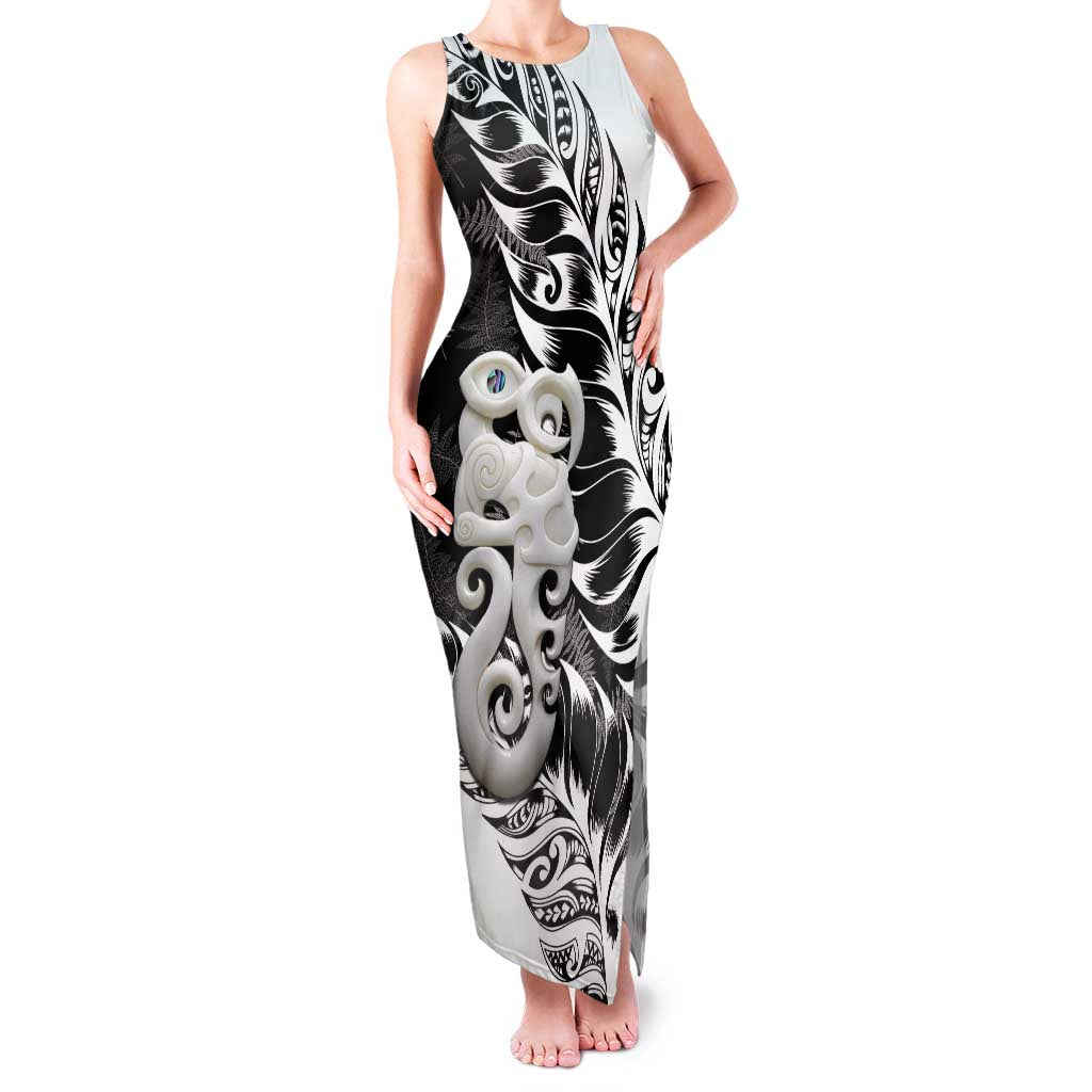 Aotearoa Manaia NZ Maori Silver Fern Family Matching Tank Maxi Dress and Hawaiian Shirt LT14 Mom's Dress Black - Polynesian Pride