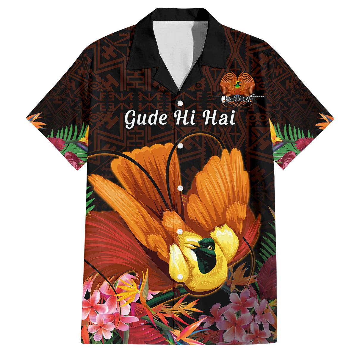 Gude Hi Hai Papua New Guinea Family Matching Off Shoulder Long Sleeve Dress and Hawaiian Shirt Motuan PNG Raggiana Bird of Paradise Tropical Vibes LT14 Dad's Shirt - Short Sleeve Black - Polynesian Pride