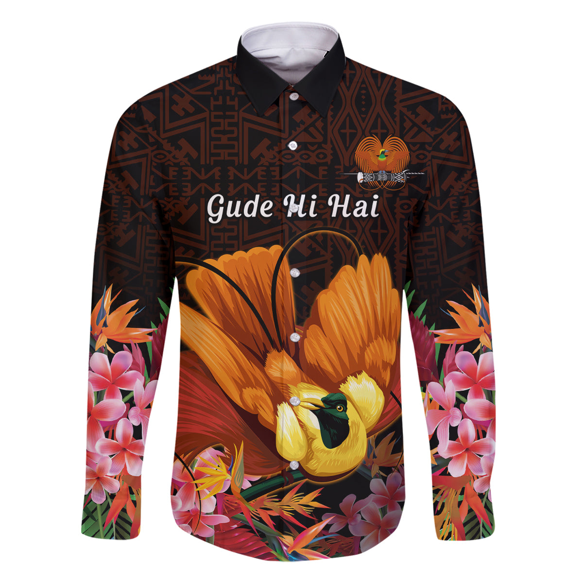 Gude Hi Hai Papua New Guinea Family Matching Off Shoulder Maxi Dress and Hawaiian Shirt Motuan PNG Raggiana Bird of Paradise Tropical Vibes LT14 Dad's Shirt - Long Sleeve Black - Polynesian Pride