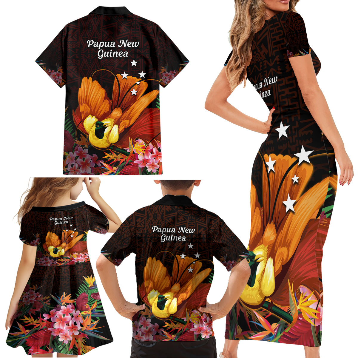 Gude Hi Hai Papua New Guinea Family Matching Short Sleeve Bodycon Dress and Hawaiian Shirt Motuan PNG Raggiana Bird of Paradise Tropical Vibes LT14 - Polynesian Pride