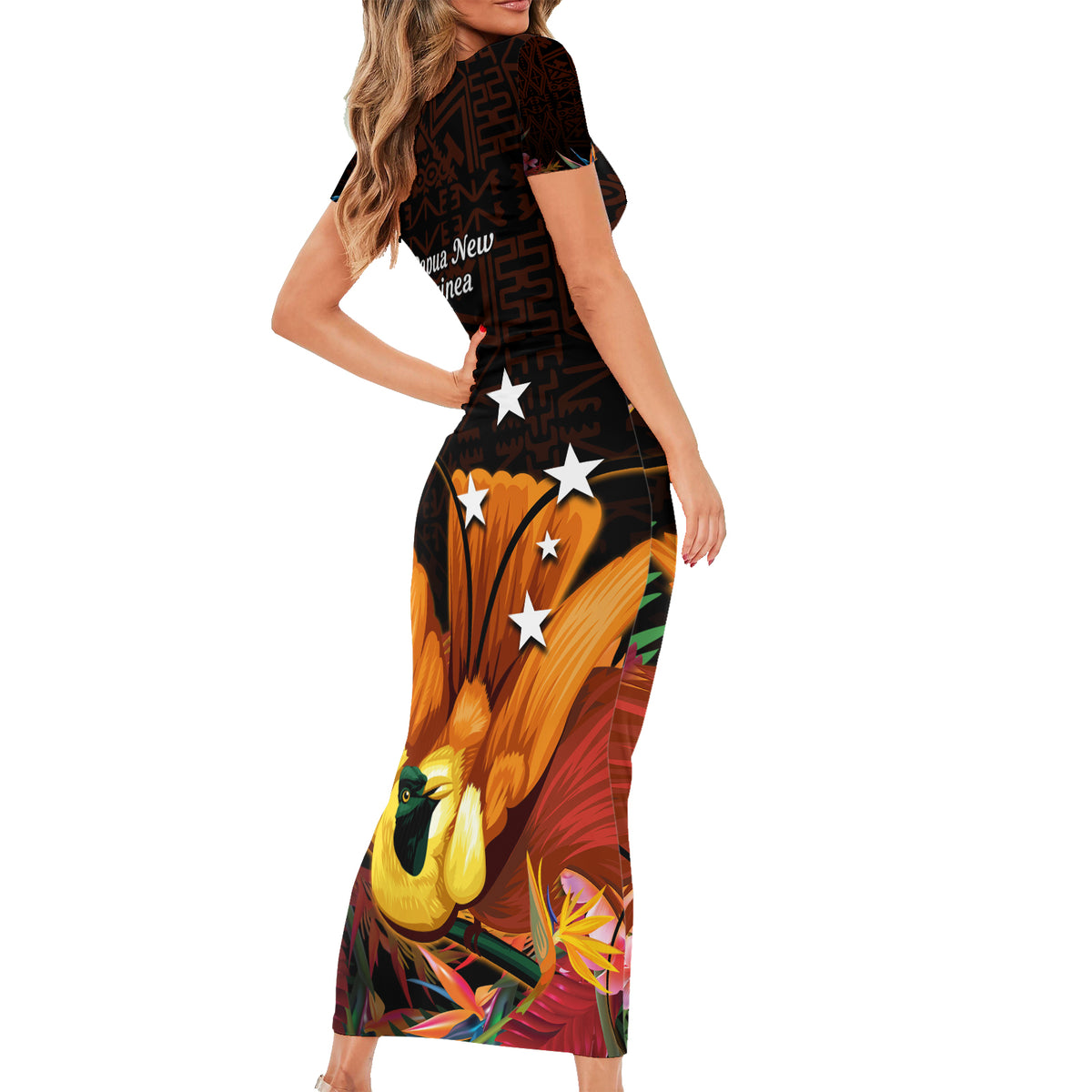 Gude Hi Hai Papua New Guinea Short Sleeve Bodycon Dress Motuan PNG Raggiana Bird of Paradise Tropical Vibes LT14 - Polynesian Pride