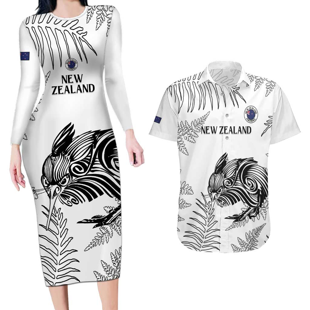 Custom New Zealand Kiwi Football Couples Matching Long Sleeve Bodycon Dress and Hawaiian Shirt Aotearoa Silver Fern LT14 White - Polynesian Pride