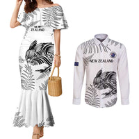 Custom New Zealand Kiwi Football Couples Matching Mermaid Dress and Long Sleeve Button Shirt Aotearoa Silver Fern LT14 White - Polynesian Pride
