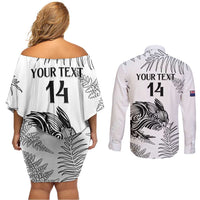 Custom New Zealand Kiwi Football Couples Matching Off Shoulder Short Dress and Long Sleeve Button Shirt Aotearoa Silver Fern LT14 - Polynesian Pride