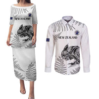 Custom New Zealand Kiwi Football Couples Matching Puletasi and Long Sleeve Button Shirt Aotearoa Silver Fern LT14 White - Polynesian Pride
